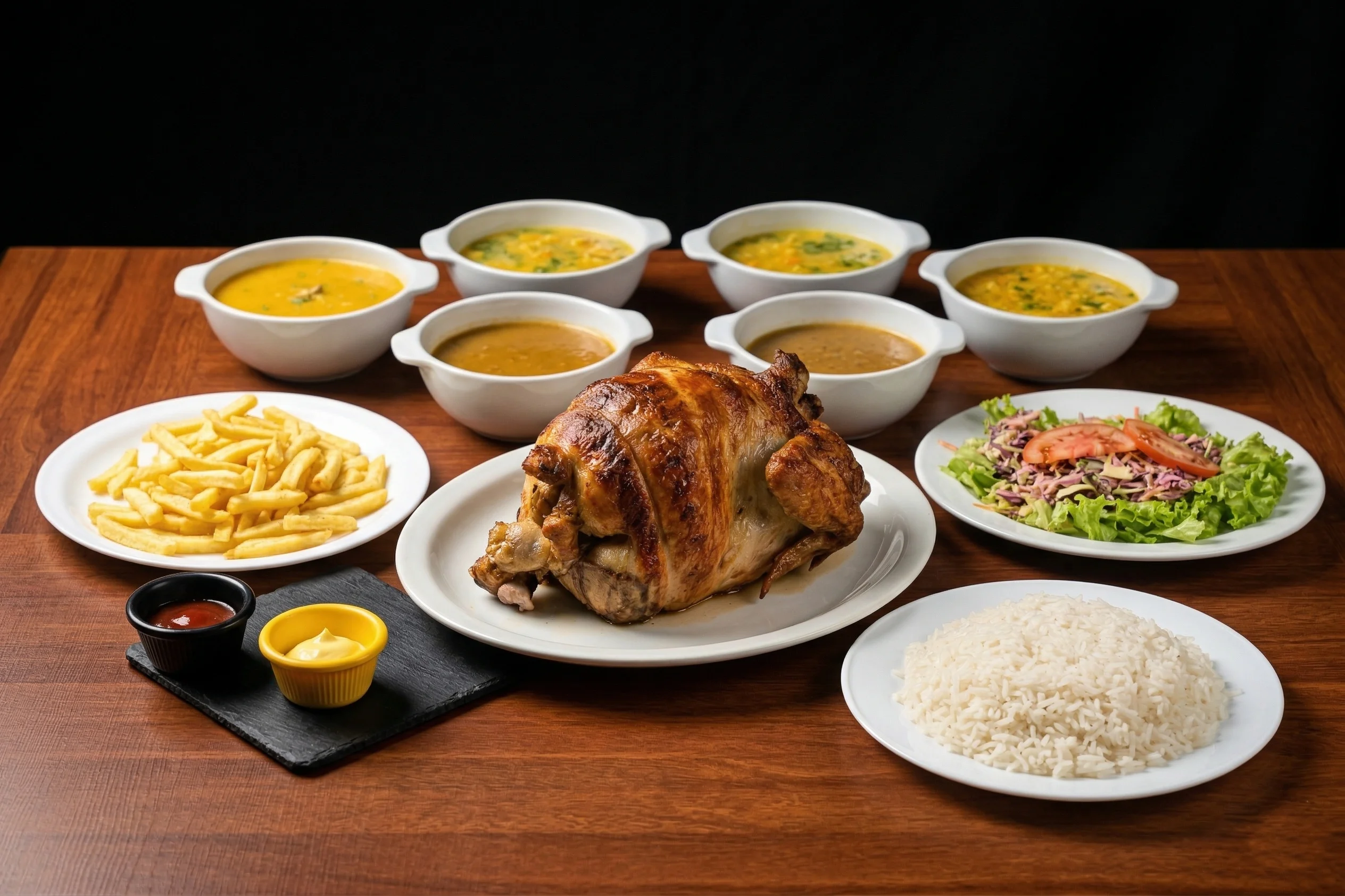 1 POLLO ENTERO + 5 CONSOMÉS + PAPAS + ARROZ + MENESTRA O ENSALADA + COLA 1L