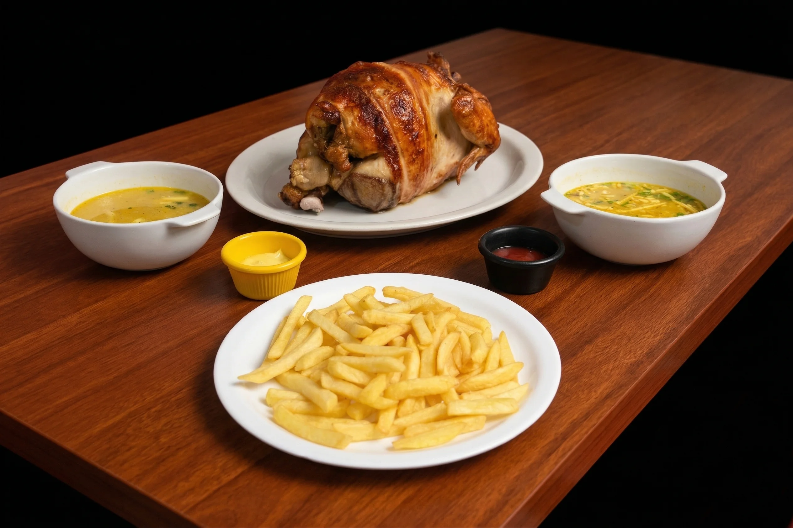 POLLO (ASADO O BROSTER) + 2 CONSOMÉS + PAPAS FRITAS